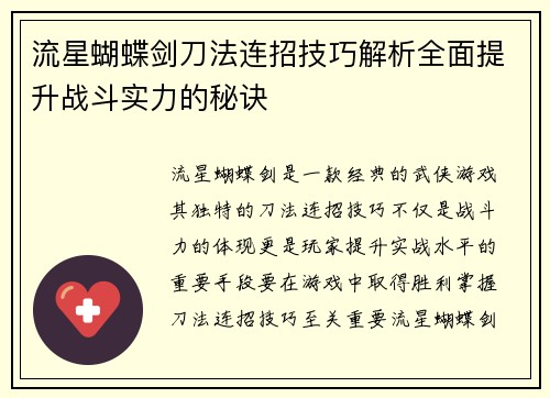 流星蝴蝶剑刀法连招技巧解析全面提升战斗实力的秘诀
